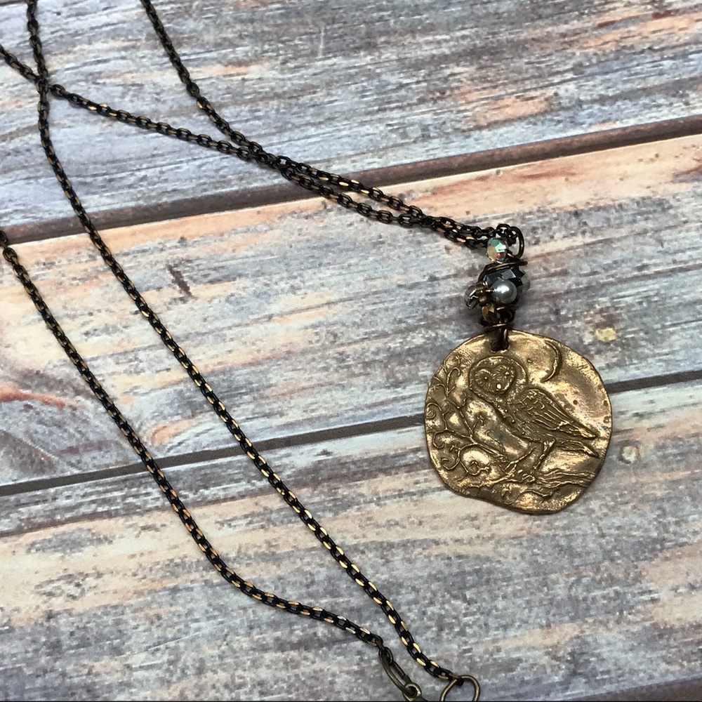Artisan made Rustic bronze night owl necklace
